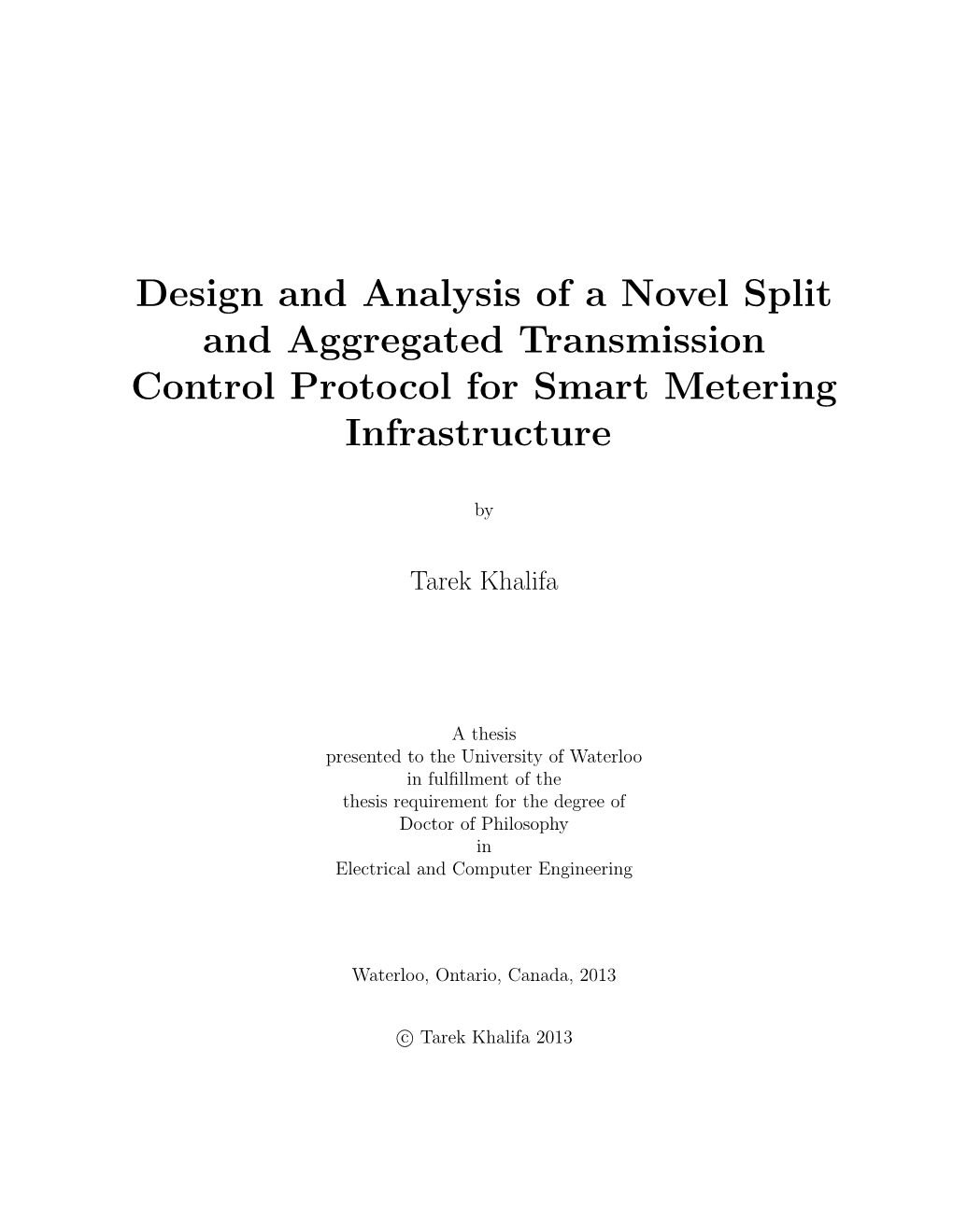 Design and Analysis of a Novel Split and Aggregated Transmission Control Protocol for Smart Metering Infrastructure