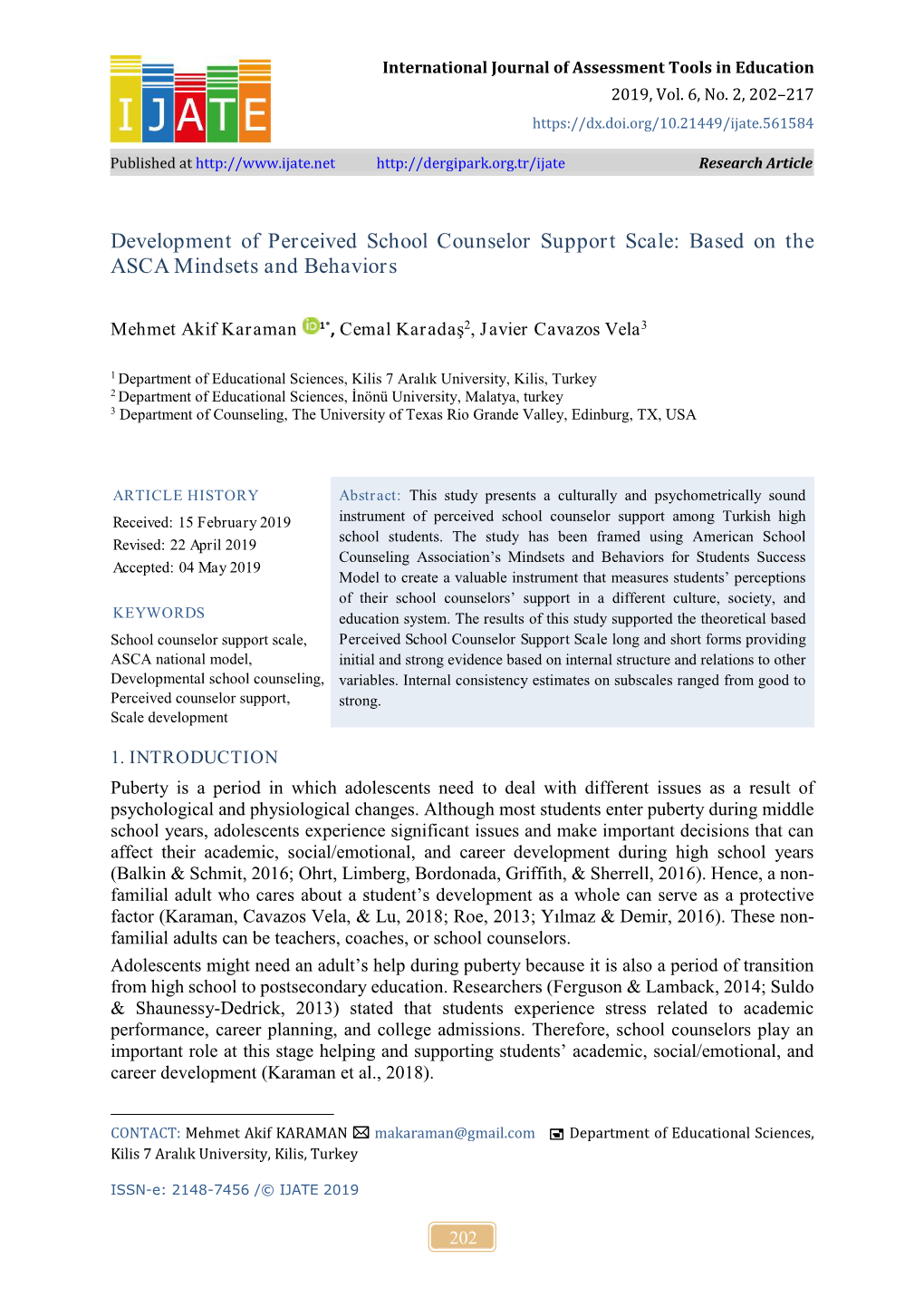 Development of Perceived School Counselor Support Scale: Based on the ASCA Mindsets and Behaviors