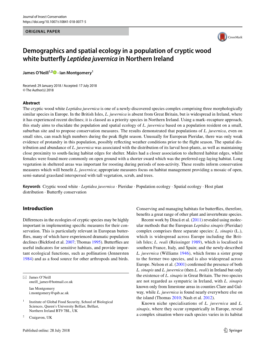Demographics and Spatial Ecology in a Population of Cryptic Wood White Butterfly Leptidea Juvernica in Northern Ireland