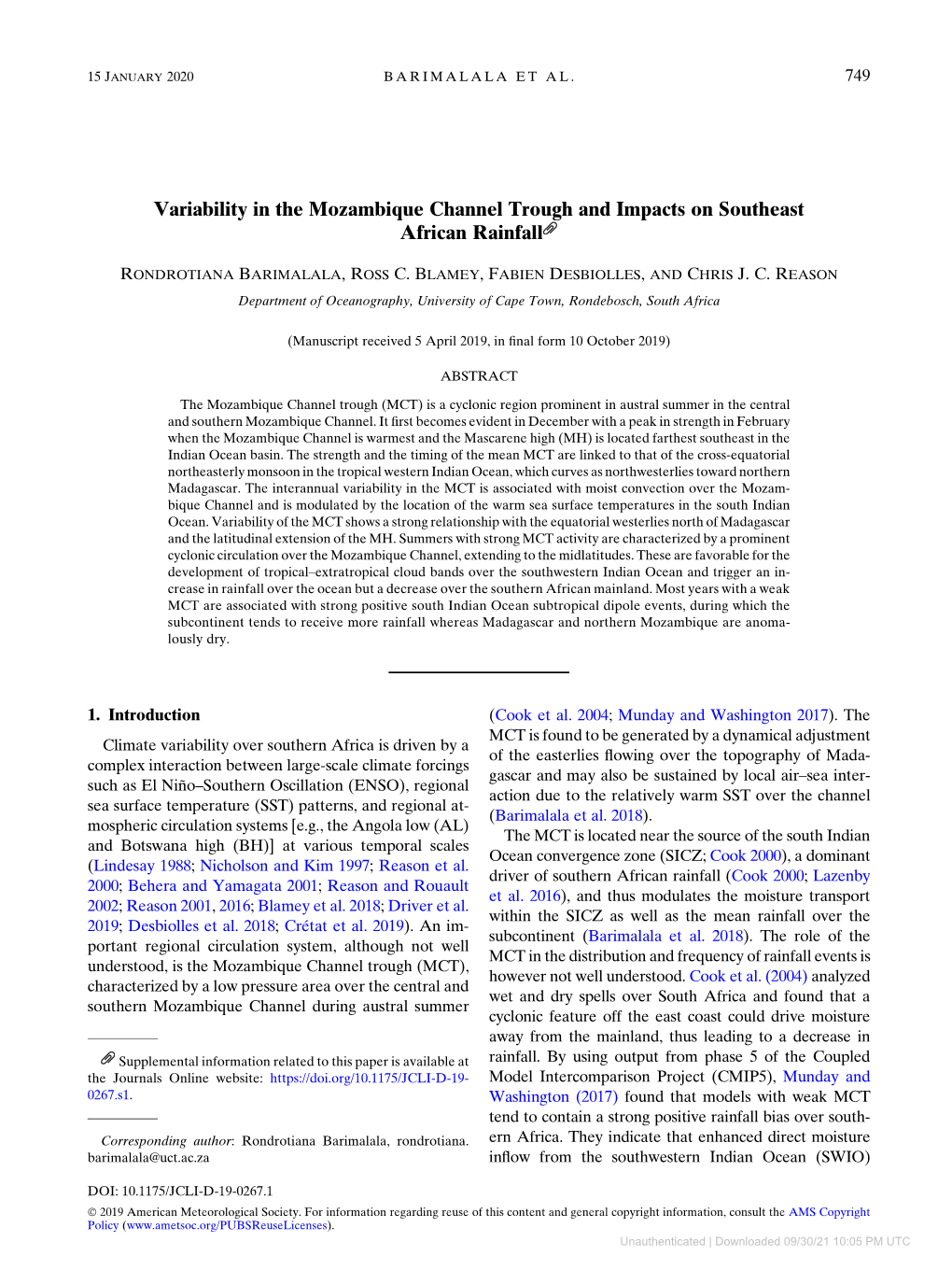 Variability in the Mozambique Channel Trough and Impacts on Southeast African Rainfall