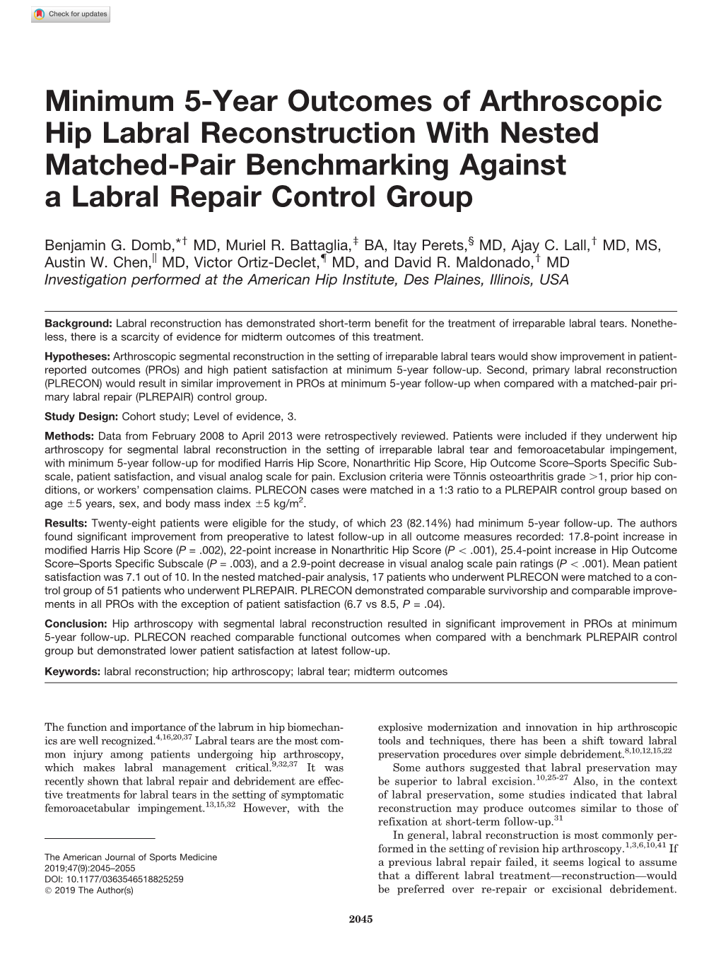 Minimum 5-Year Outcomes of Arthroscopic Hip Labral Reconstruction with Nested Matched-Pair Benchmarking Against a Labral Repair Control Group