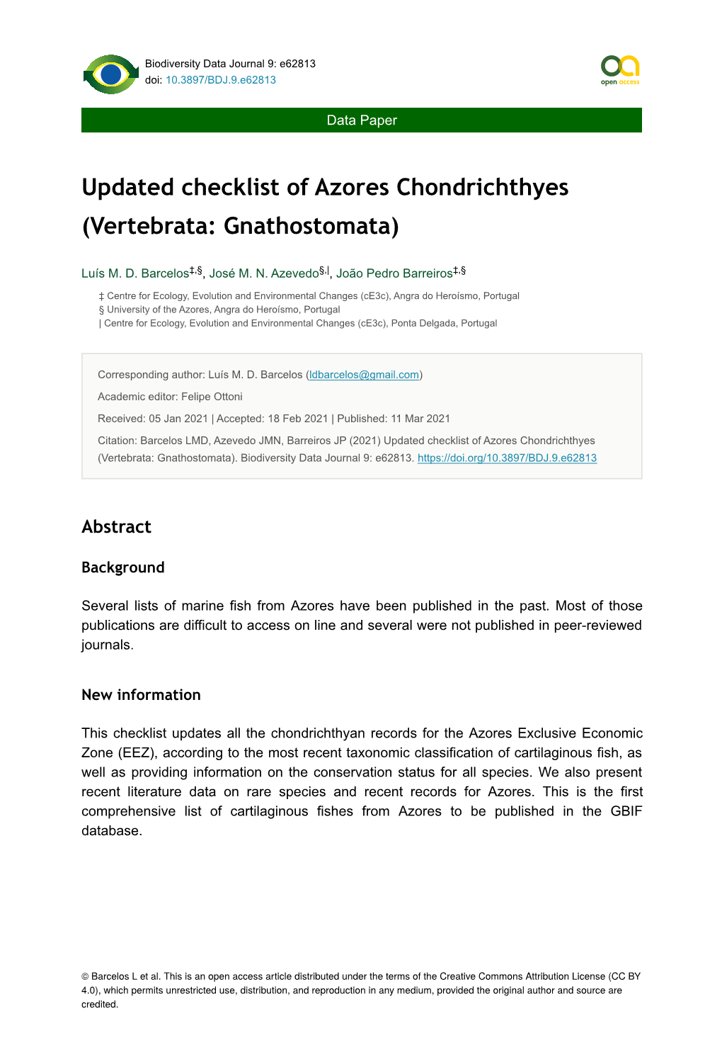 Updated Checklist of Azores Chondrichthyes (Vertebrata: Gnathostomata)