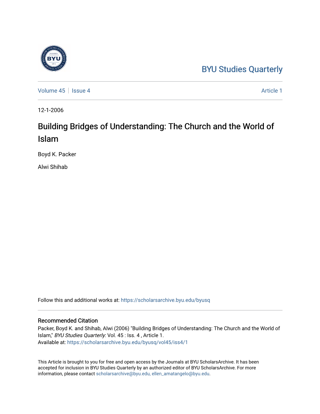 Building Bridges of Understanding: the Church and the World of Islam