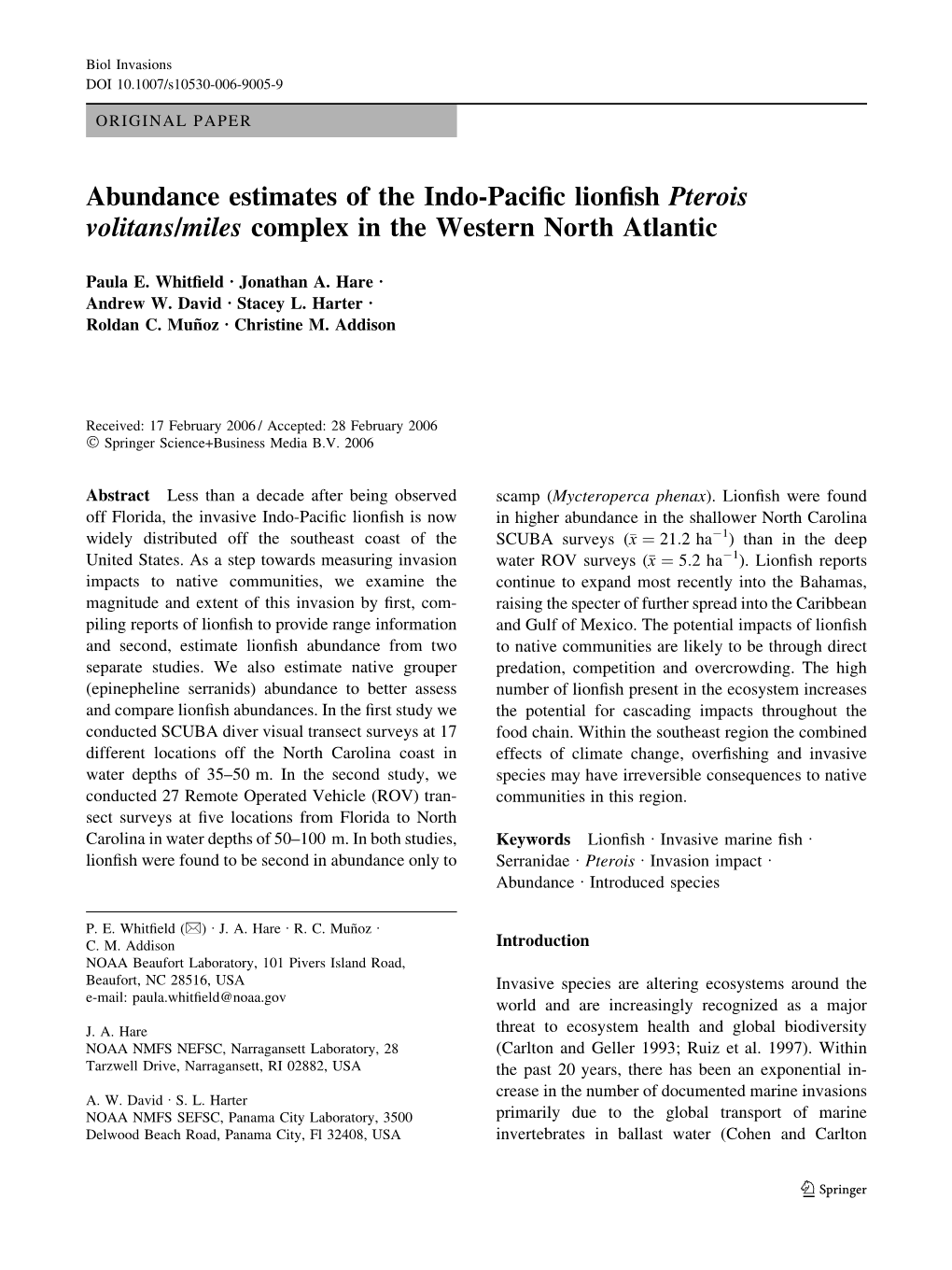 Abundance Estimates of the Indo-Pacific Lionfish Pterois Volitans