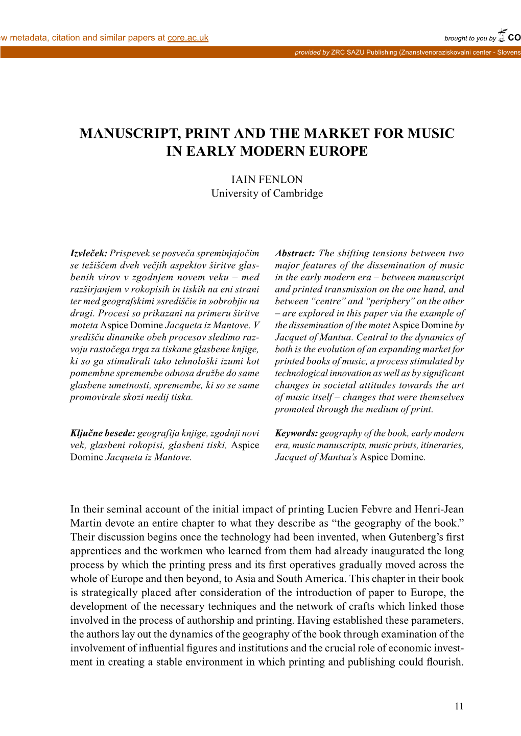 Manuscript, Print and the Market for Music in Early Modern Europe