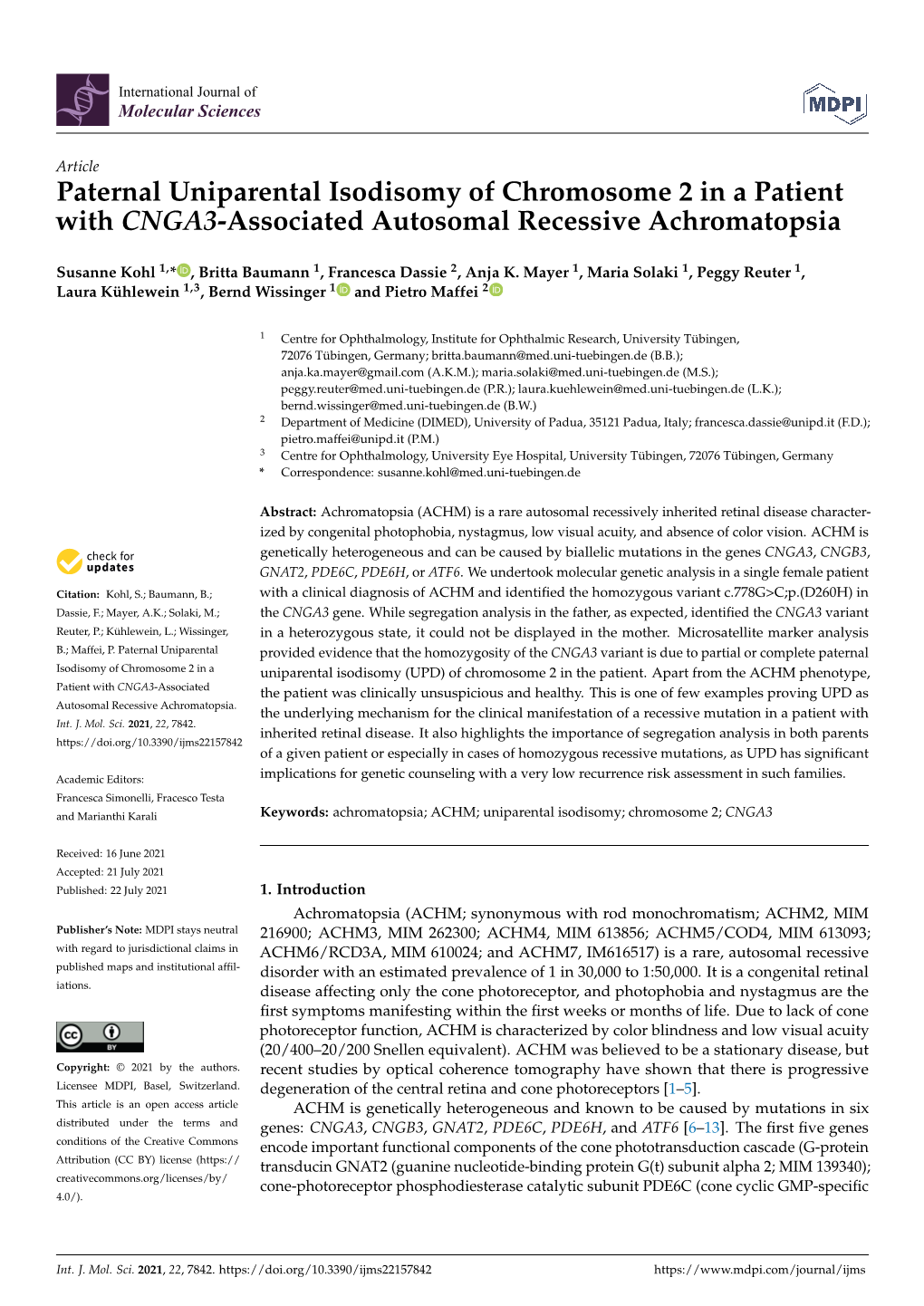 Paternal Uniparental Isodisomy of Chromosome 2 in a Patient with CNGA3-Associated Autosomal Recessive Achromatopsia