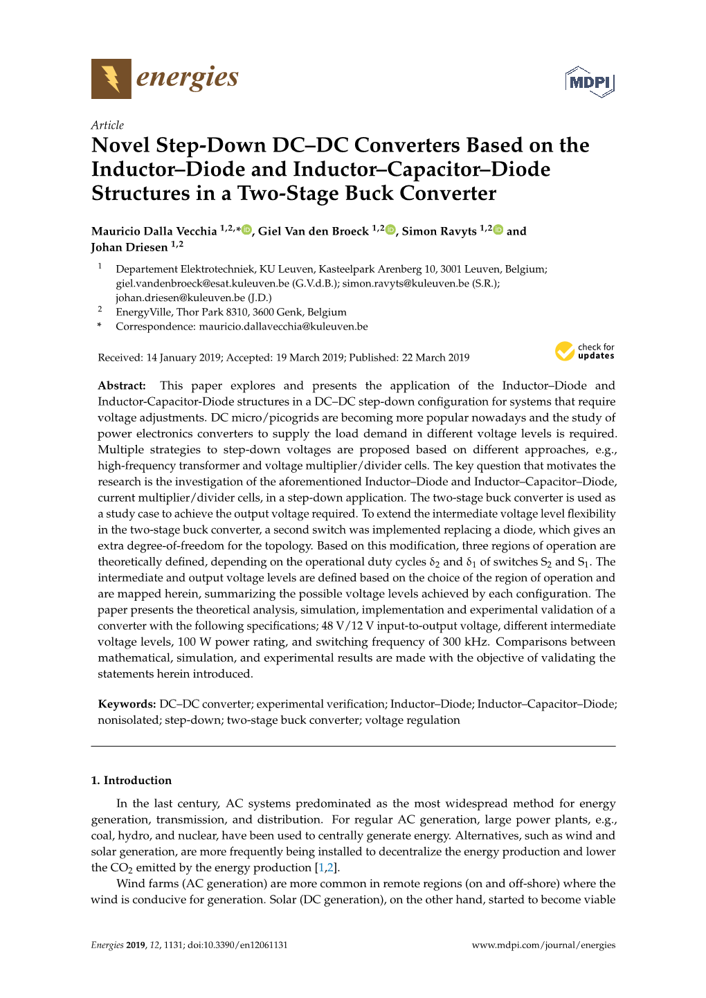 Novel Step-Down DC–DC Converters Based on the Inductor–Diode and Inductor–Capacitor–Diode Structures in a Two-Stage Buck Converter