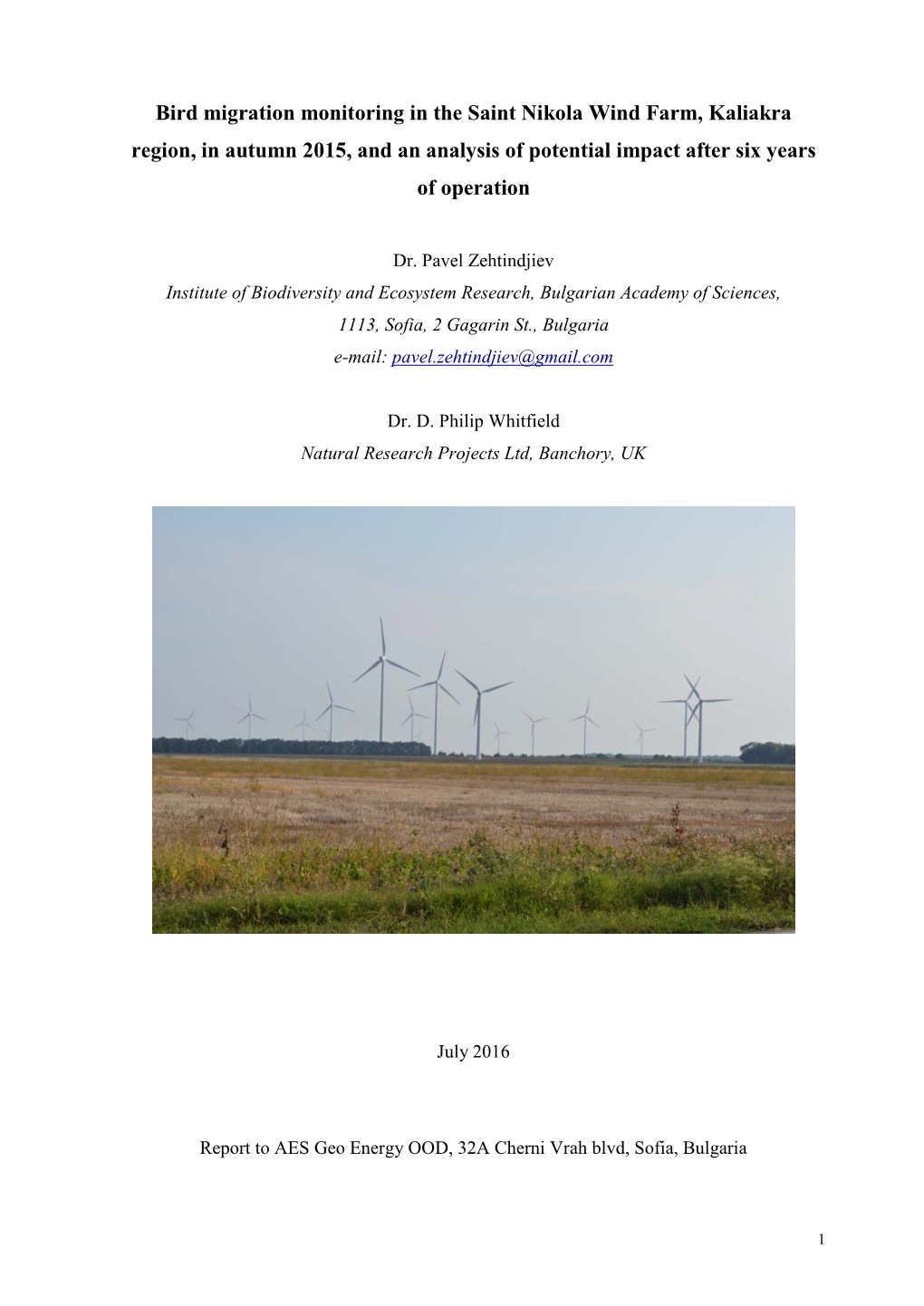 Bird Migration Monitoring in the Saint Nikola Wind Farm, Kaliakra Region, in Autumn 2015, and an Analysis of Potential Impact After Six Years of Operation
