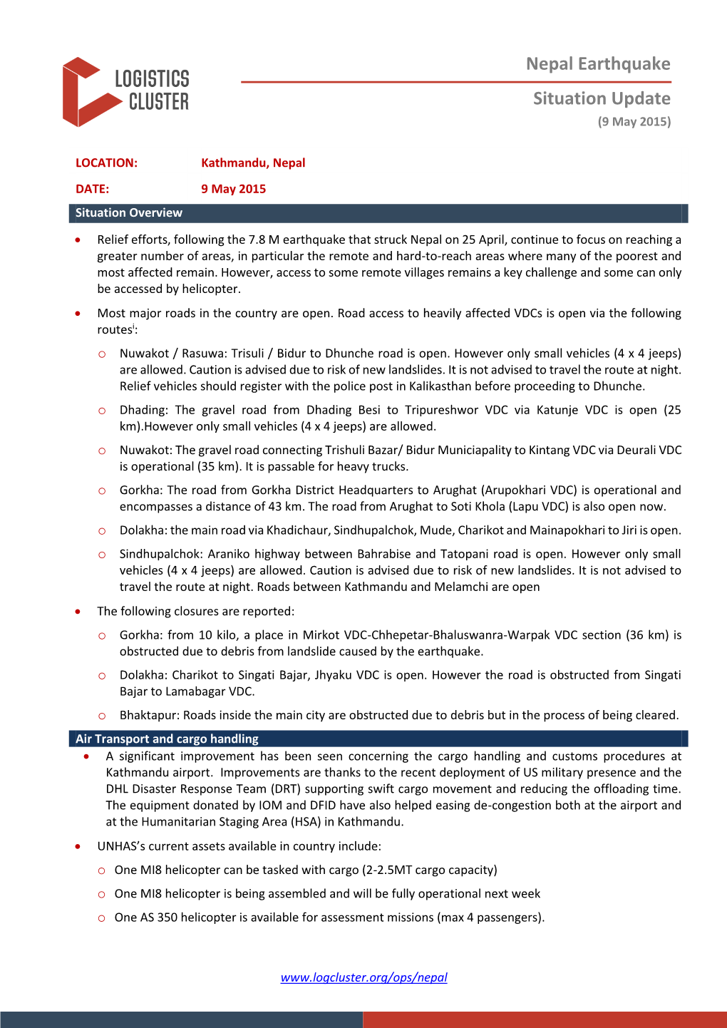 Nepal Earthquake Situation Update (9 May 2015)