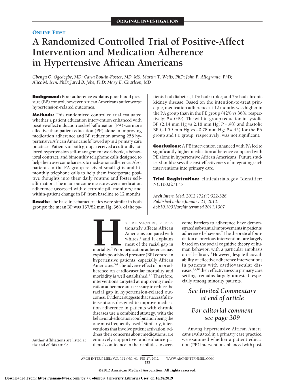 A Randomized Controlled Trial of Positive-Affect Intervention and Medication Adherence in Hypertensive African Americans