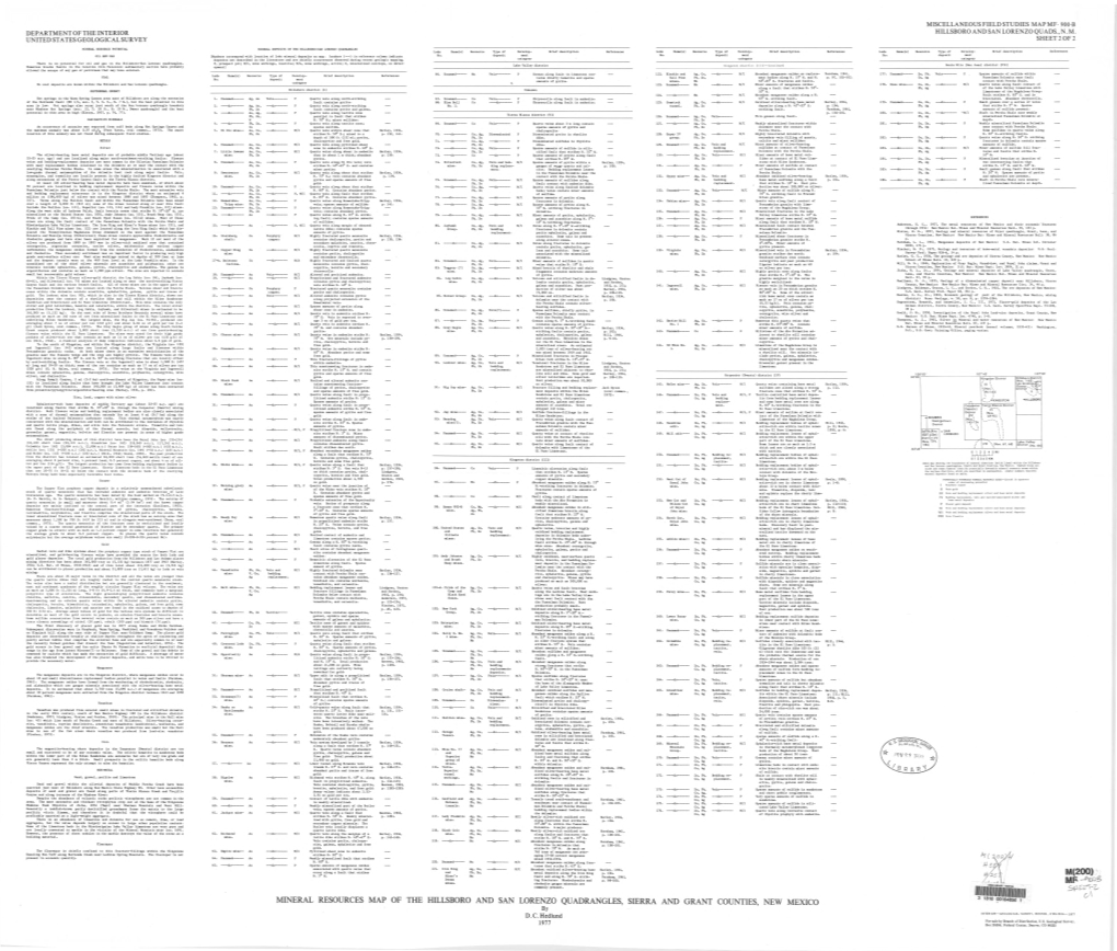 MINERAL RESOURCES MAP of the HILLSBORO and SAN LORENZO QUADRANGLES, SIERRA and GRANT COUNTIES, NEW MEXICO by D