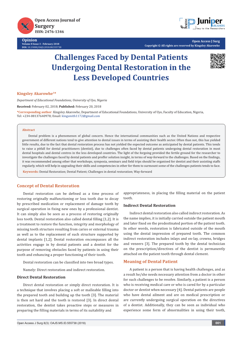 Challenges Faced by Dental Patients Undergoing Dental Restoration in the Less Developed Countries