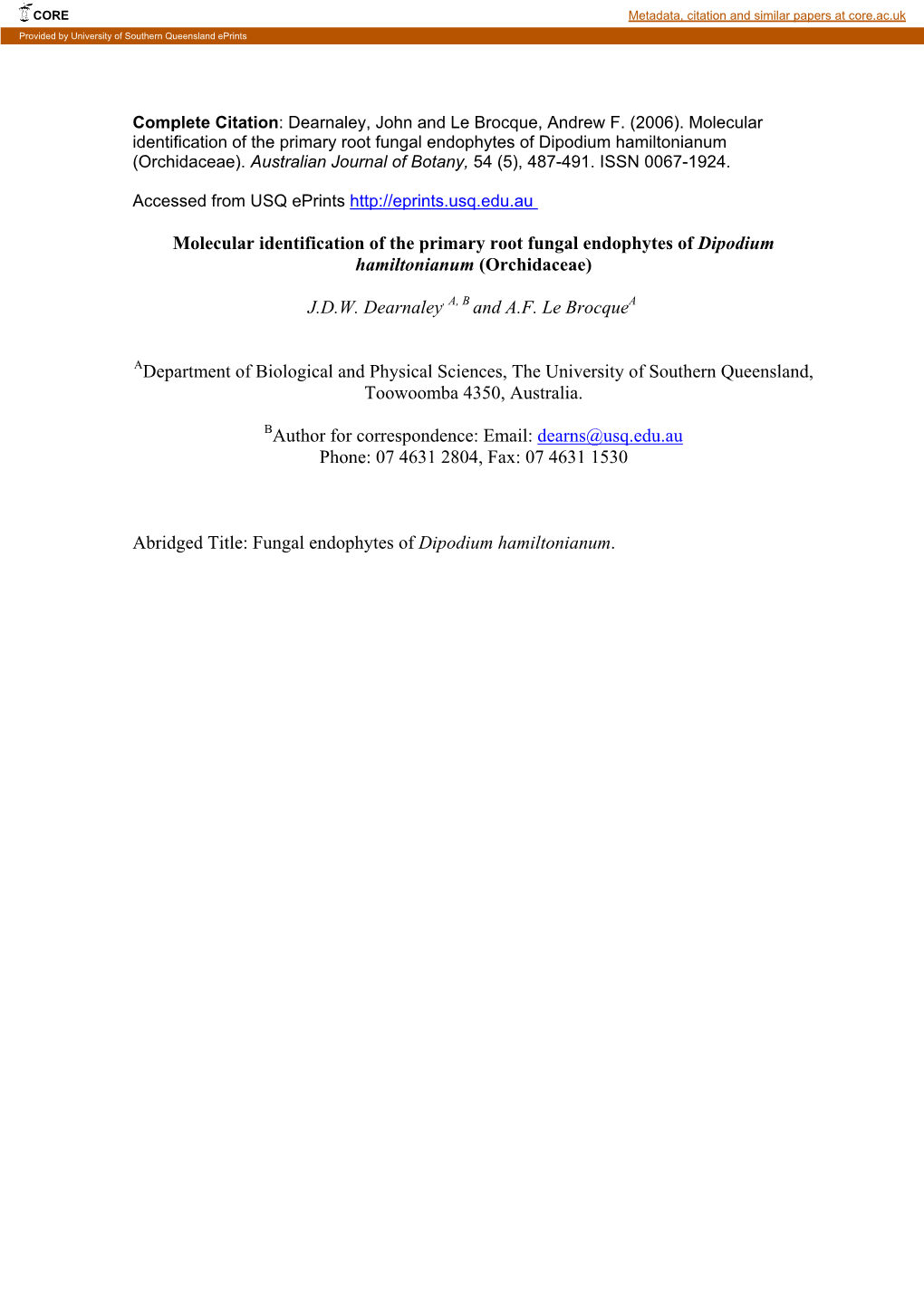 Molecular Identification of the Primary Root Fungal Endophytes of Dipodium Hamiltonianum (Orchidaceae)