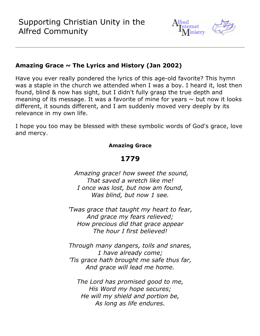 Amazing Grace ~ the Lyrics and History (Jan 2002)