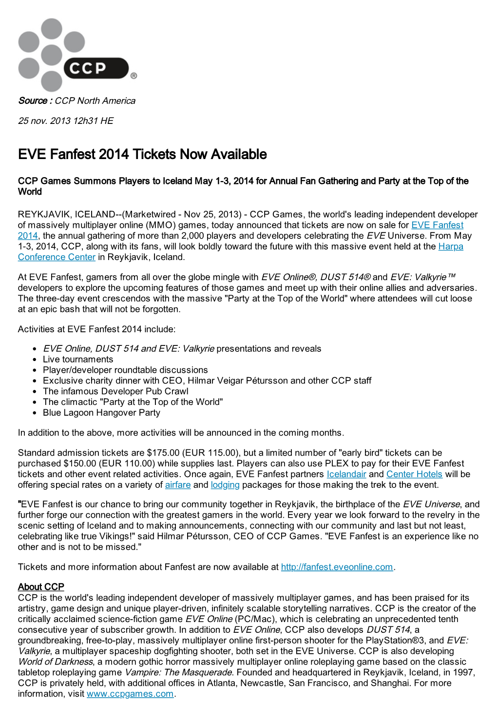 EVE Fanfest 2014 Tickets Now Available