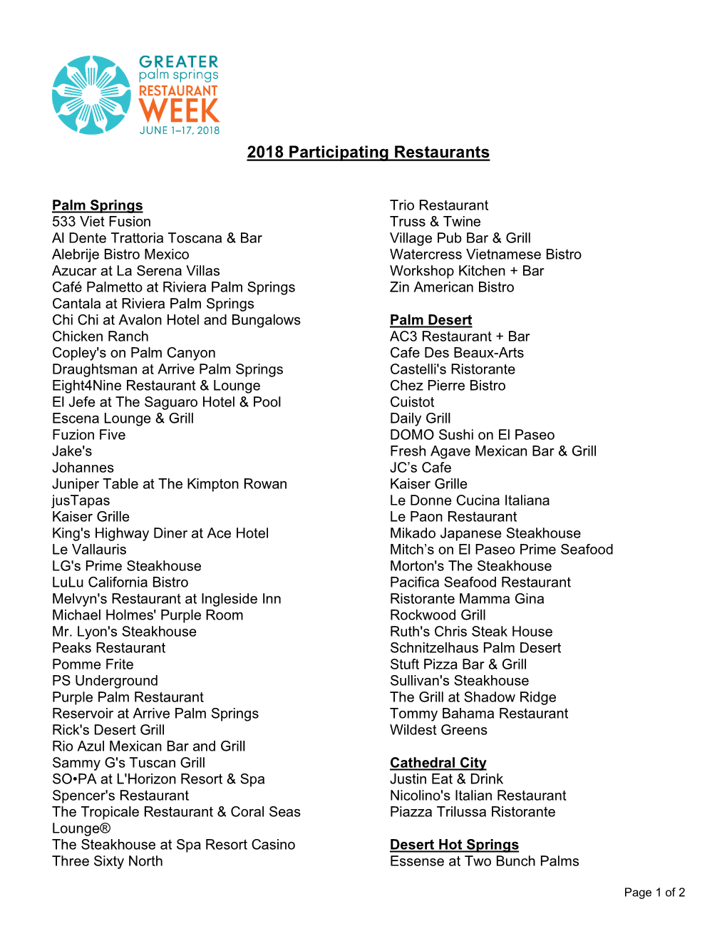 2018 Participating Restaurants