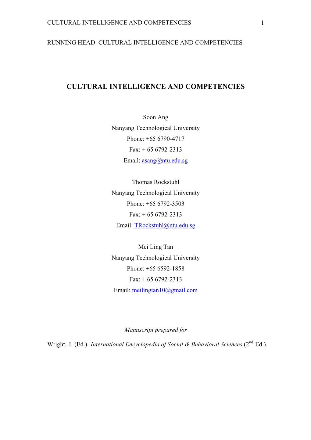 Cultural Intelligence and Competencies 1