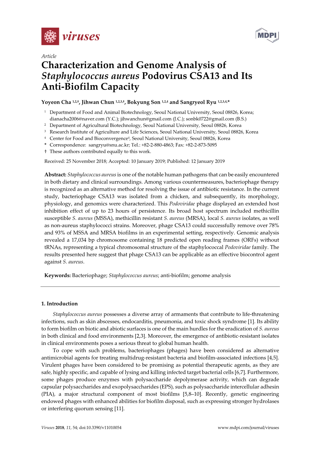 Characterization and Genome Analysis of Staphylococcus Aureus Podovirus CSA13 and Its Anti‐Biofilm Capacity