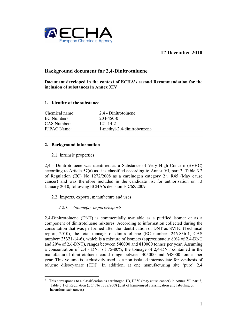 17 December 2010 Background Document for 2,4-Dinitrotoluene