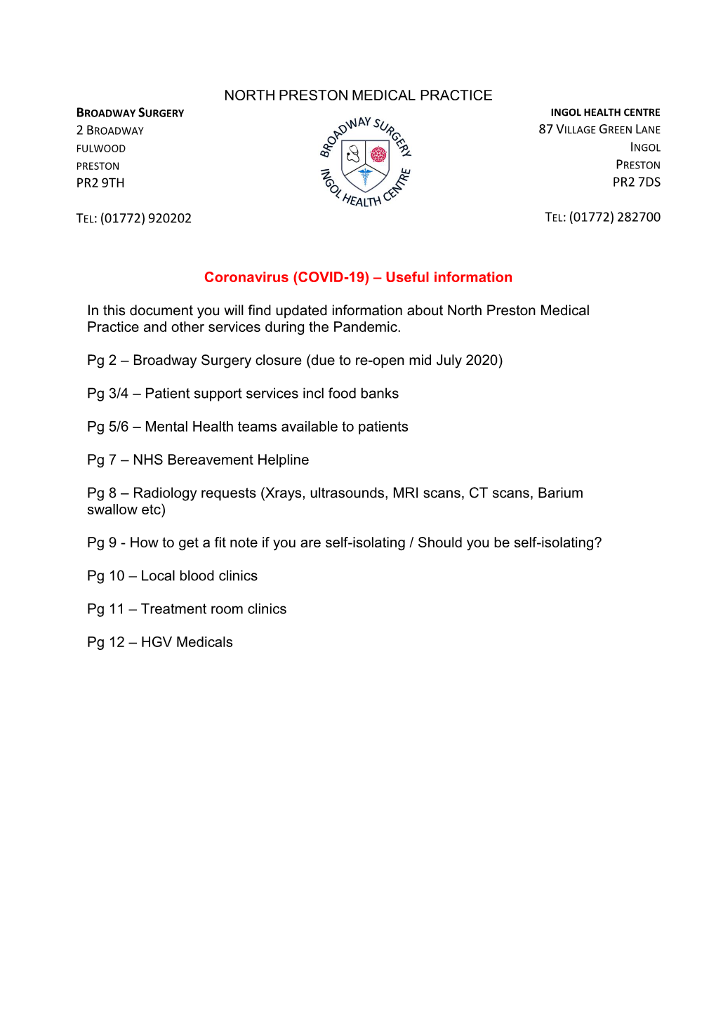 NORTH PRESTON MEDICAL PRACTICE Coronavirus (COVID-19