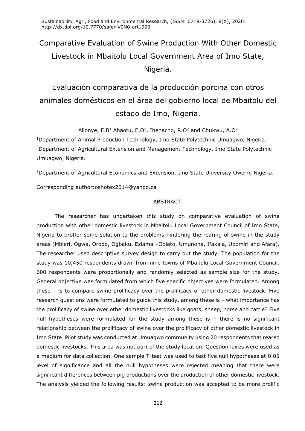Comparative Evaluation of Swine Production with Other Domestic Livestock in Mbaitolu Local Government Area of Imo State, Nigeria