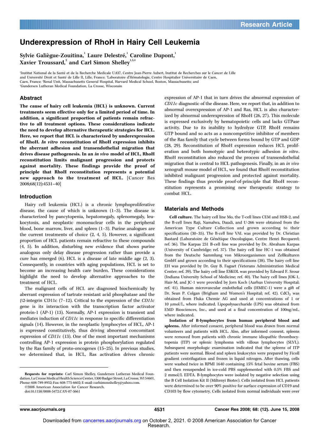 Underexpression of Rhoh in Hairy Cell Leukemia