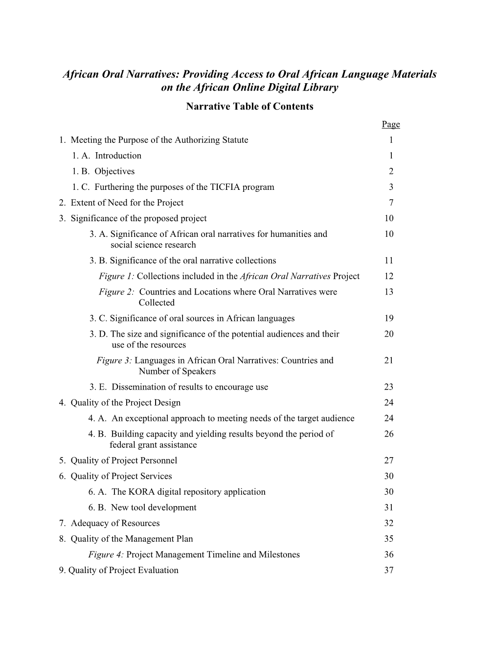African Oral Narratives: Providing Access to Oral African Language Materials on the African Online Digital Library Narrative Table of Contents Page 1