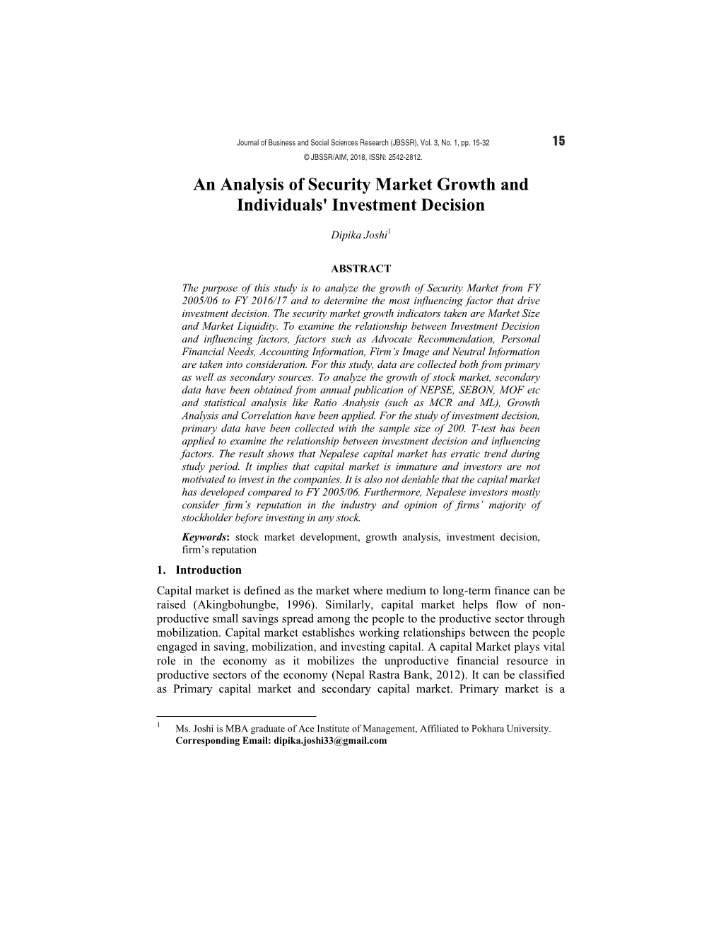 An Analysis of Security Market Growth and Individuals' Investment Decision