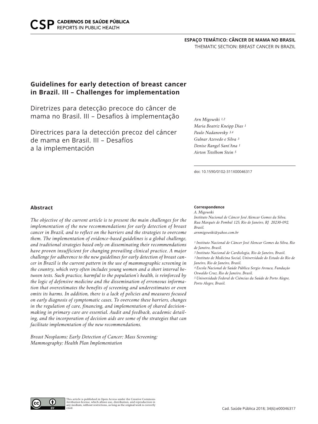 Guidelines for Early Detection of Breast Cancer in Brazil. III – Challenges for Implementation