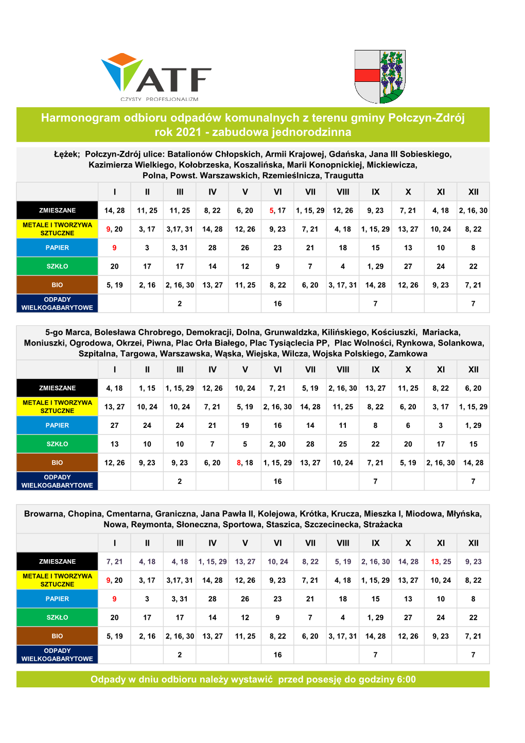 Harmonogram Odbioru Odpadów Komunalnych Z Terenu Gminy Połczyn-Zdrój Rok 2021 - Zabudowa Jednorodzinna