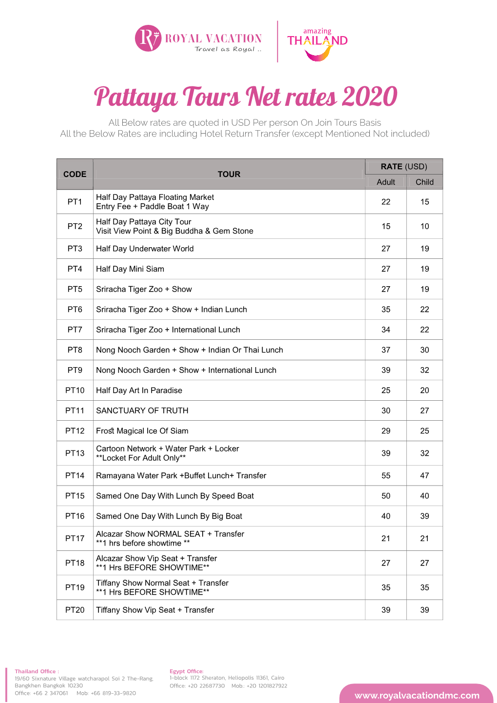 Pattaya Tours Tariff