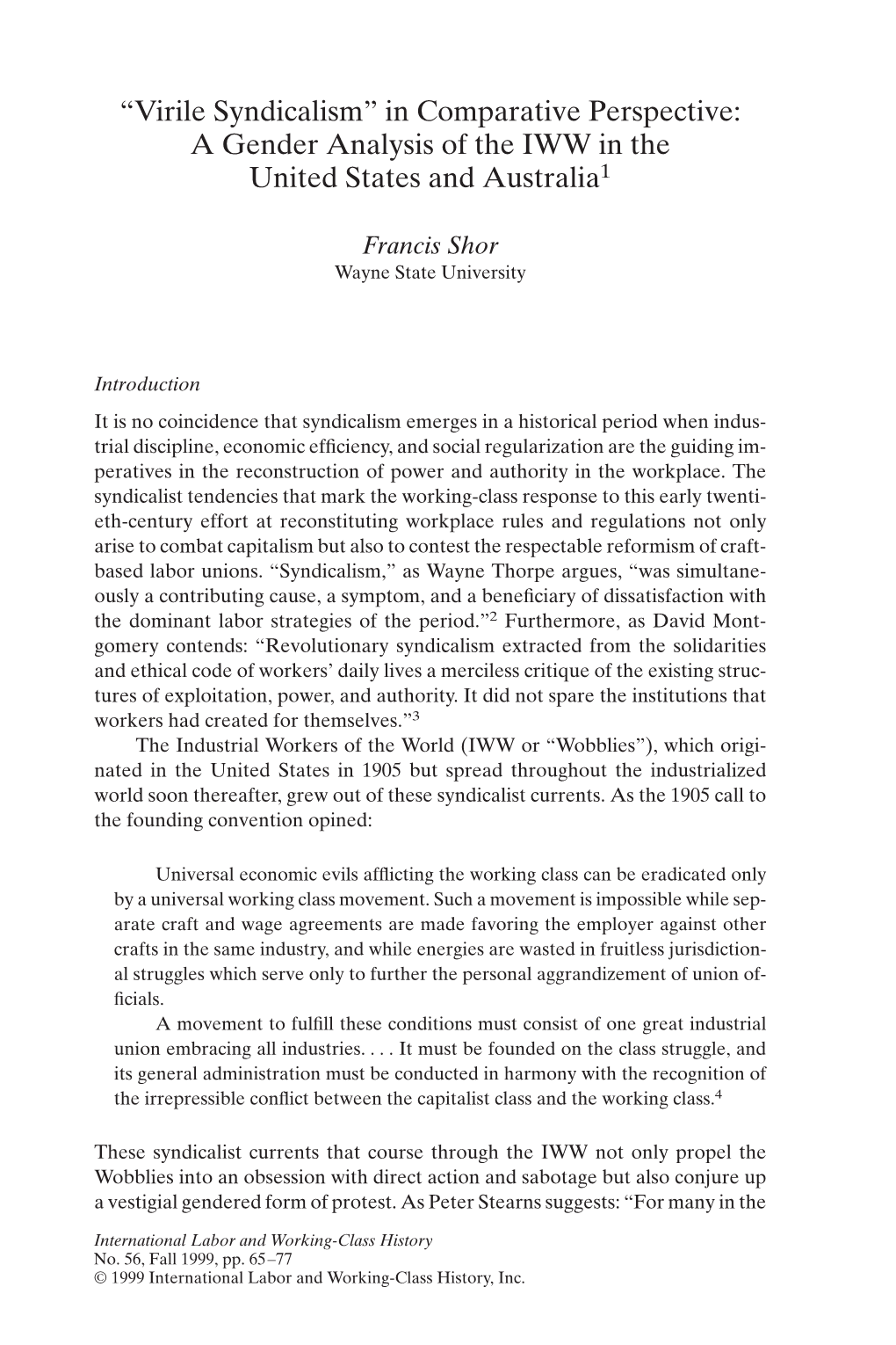 “Virile Syndicalism” in Comparative Perspective: a Gender Analysis of the IWW in the United States and Australia1