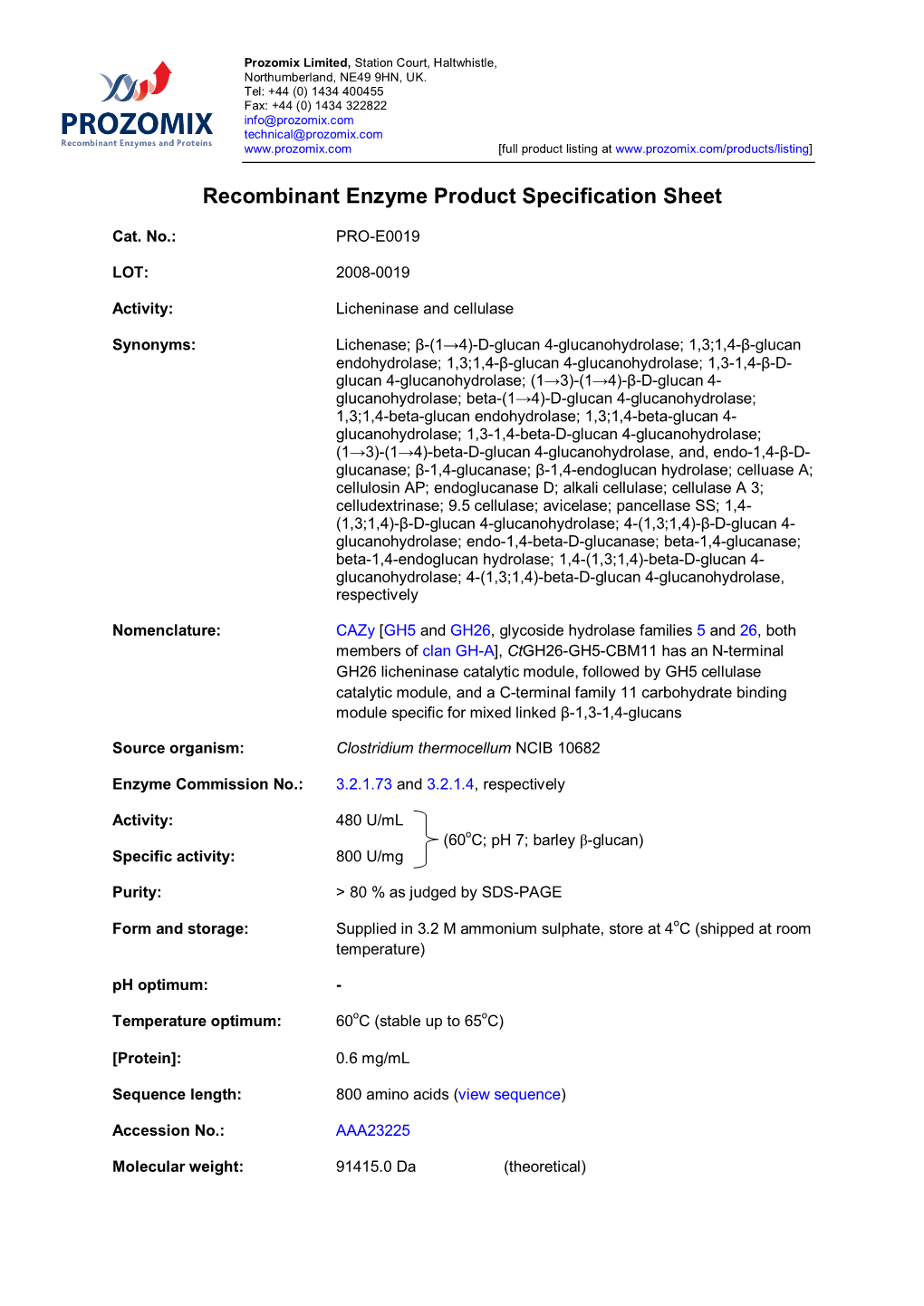 Recombinant Enzyme Product Specification Sheet