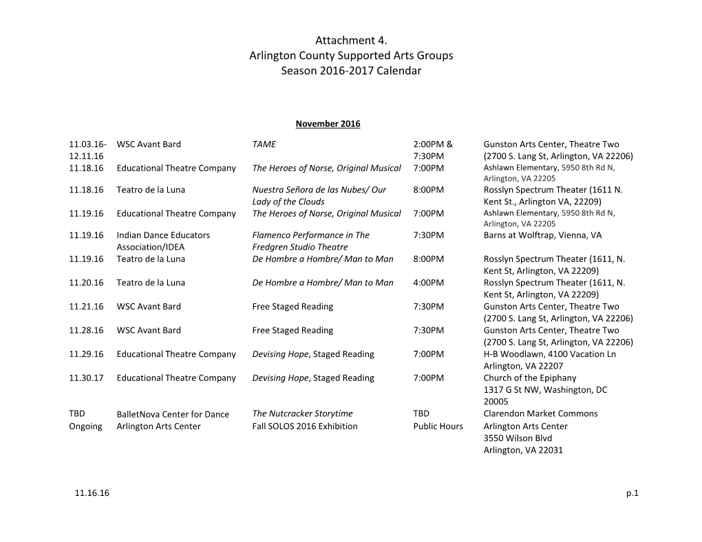 Attachment 4. Arlington County Supported Arts Groups Season 2016-2017 Calendar