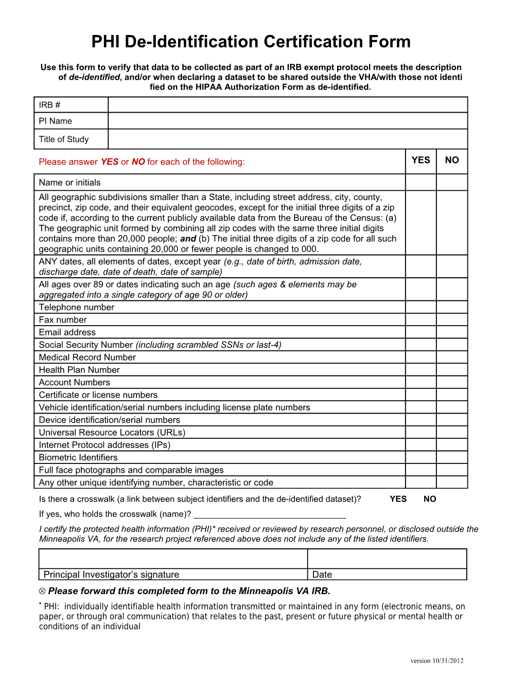 PHI De-Identification Certification Form