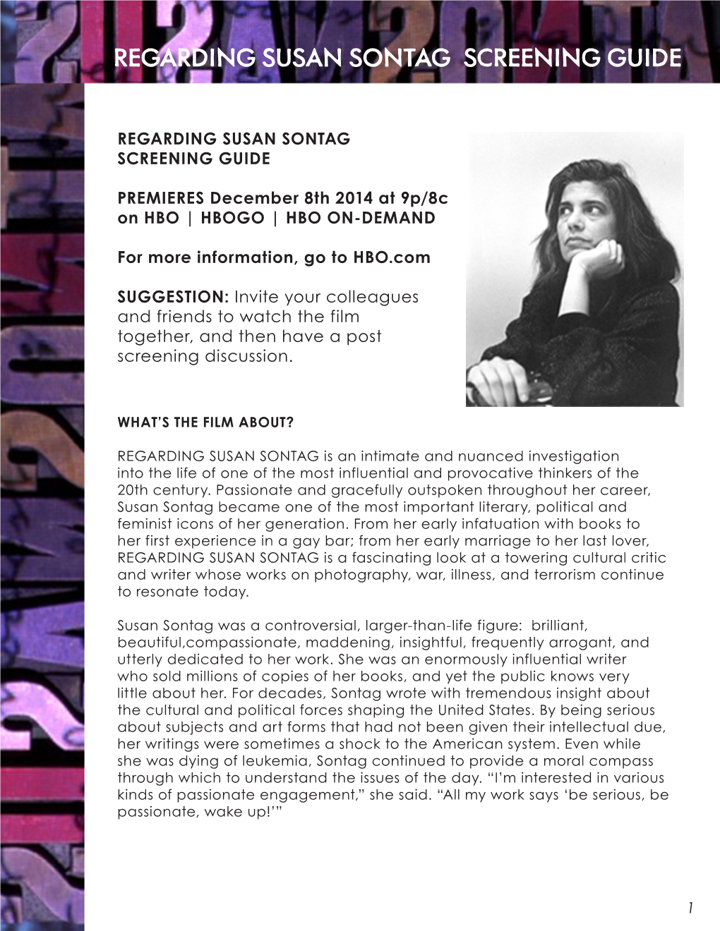 Regarding Susan Sontag Screening Guide