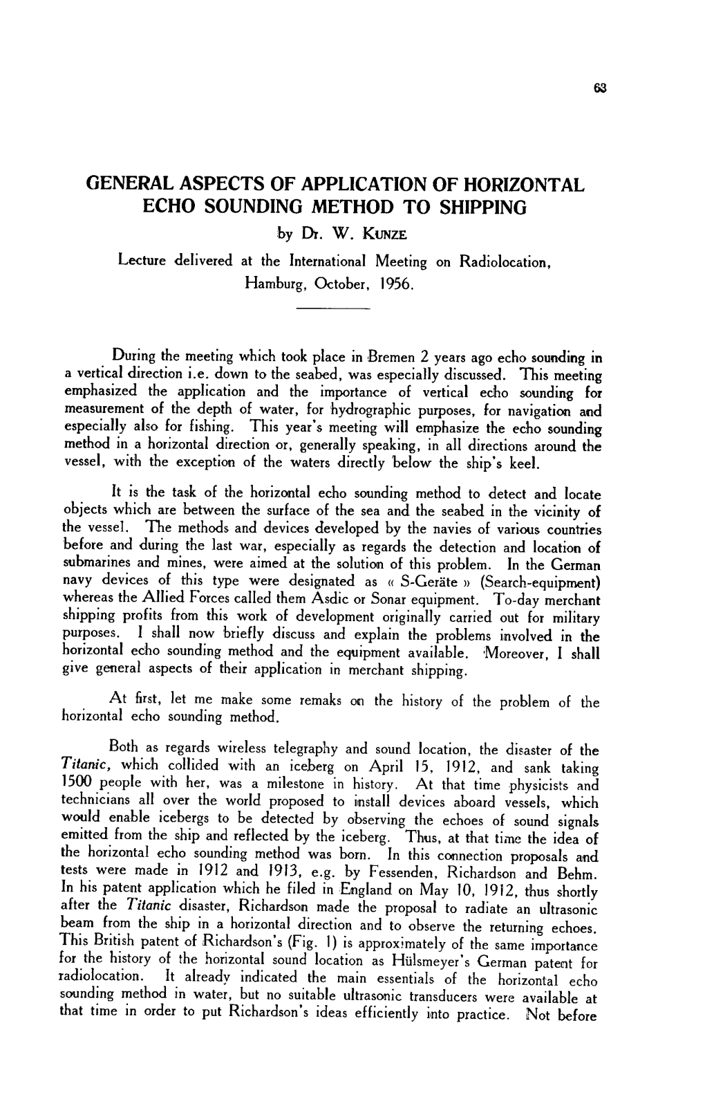 GENERAL ASPECTS of APPLICATION of HORIZONTAL ECHO SOUNDING METHOD to SHIPPING by Dr