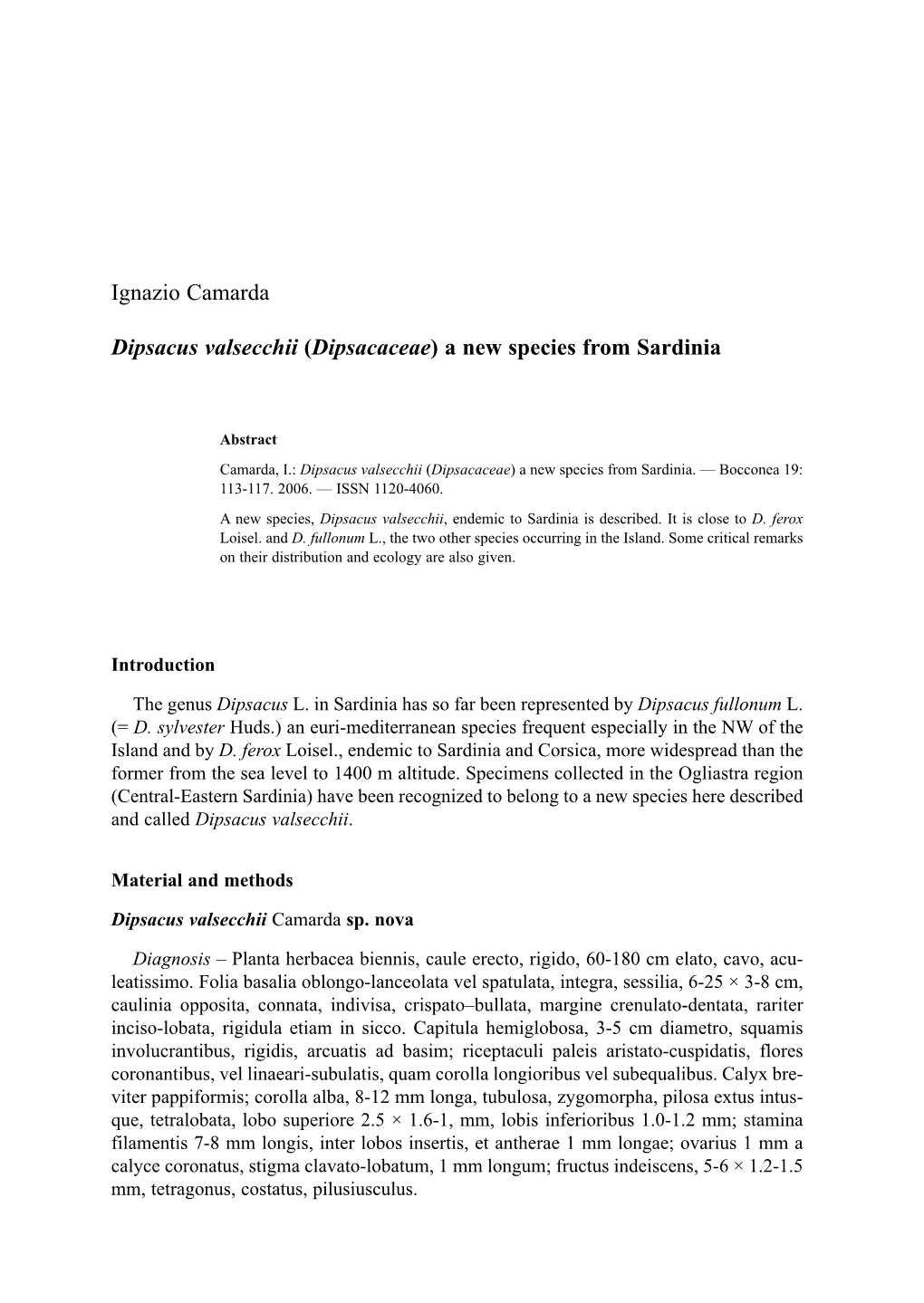 Ignazio Camarda Dipsacus Valsecchii (Dipsacaceae) a New Species From