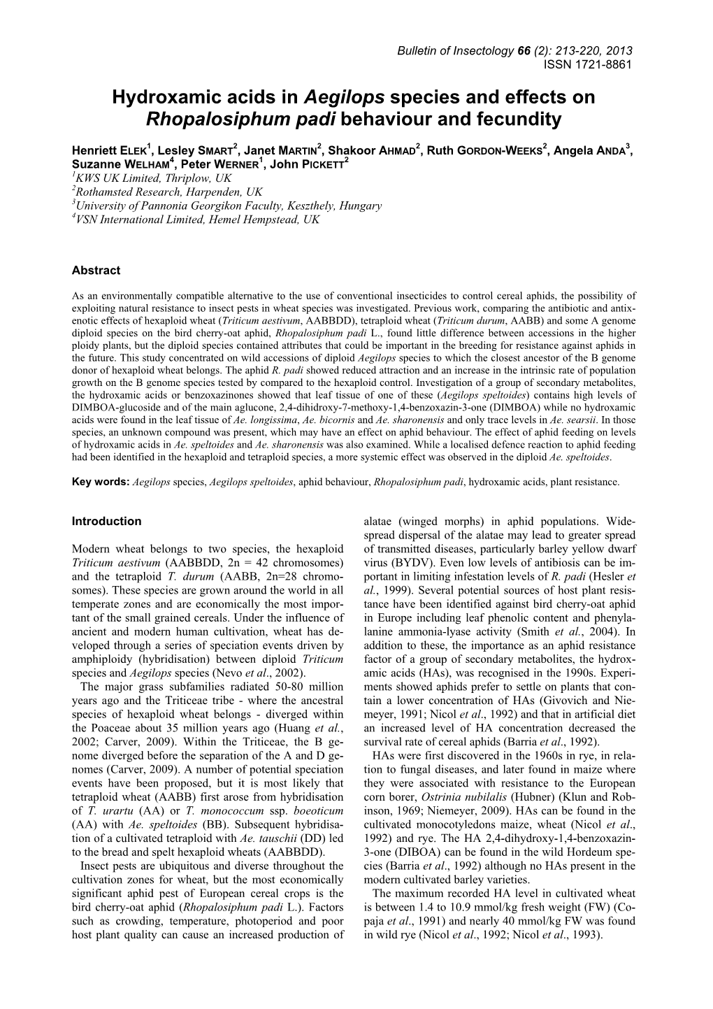 Hydroxamic Acids in Aegilops Species and Effects on Rhopalosiphum Padi Behaviour and Fecundity