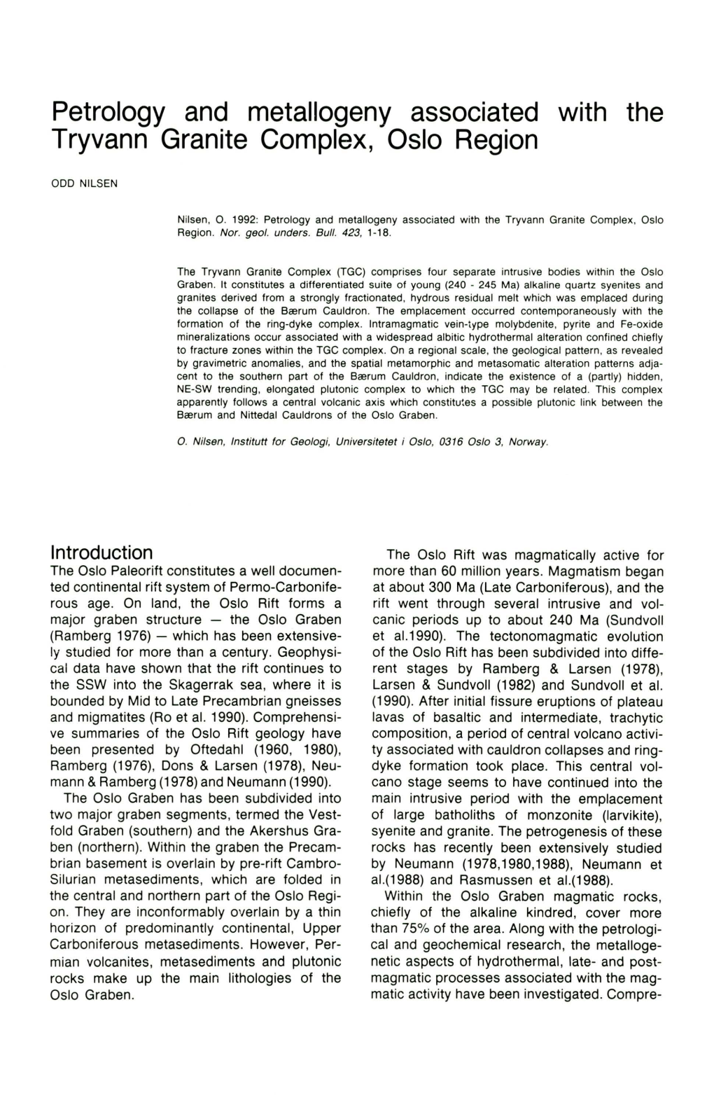 Petrology and Metallogeny Associated with the Tryvann Granite Complex, Oslo Region