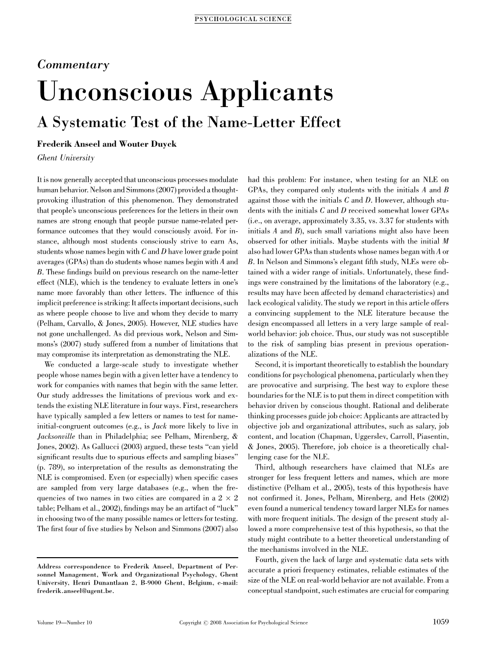 Unconscious Applicants: a Systematic Test of the Name-Letter Effect