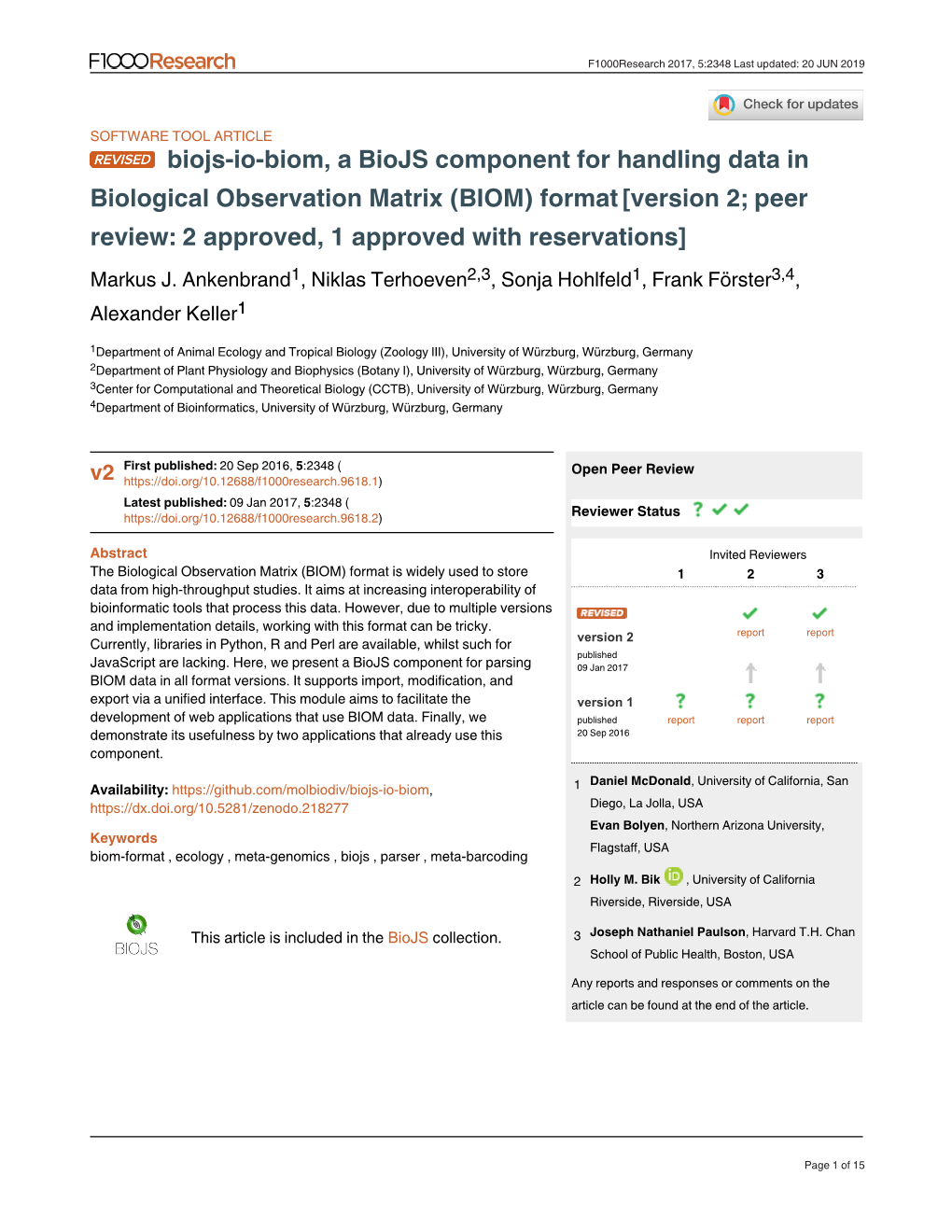 Biojs-Io-Biom, a Biojs Component for Handling Data in Biological