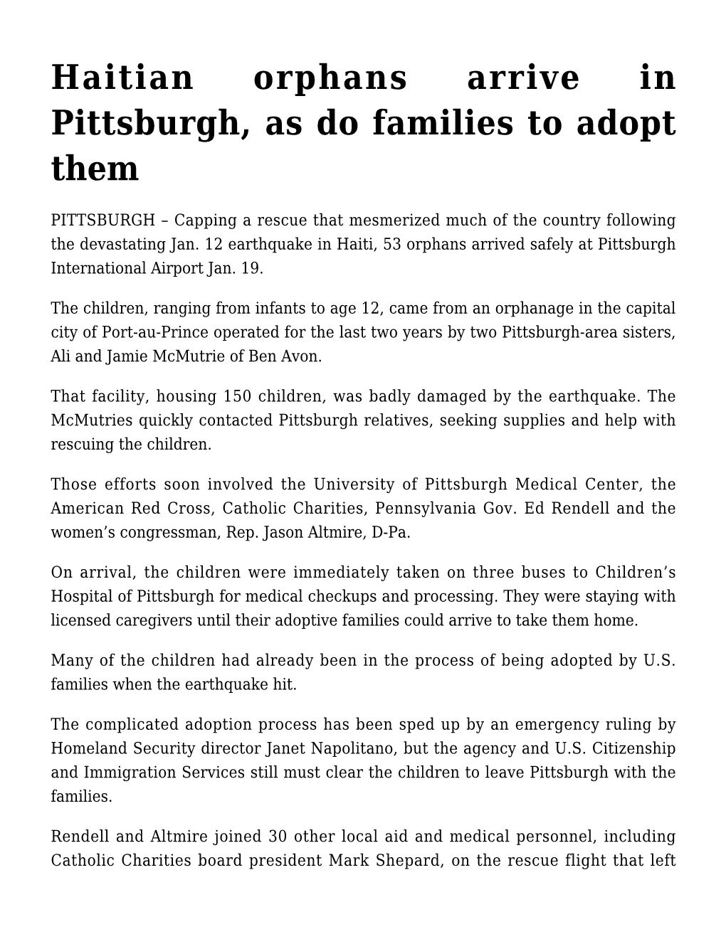 Haitian Orphans Arrive in Pittsburgh, As Do Families to Adopt Them