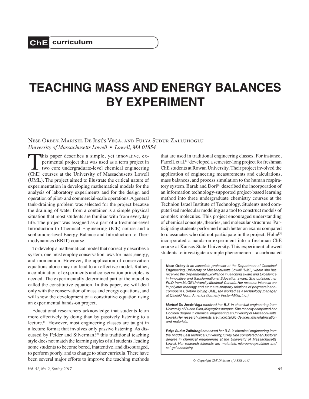 Teaching Mass and Energy Balances by Experiment