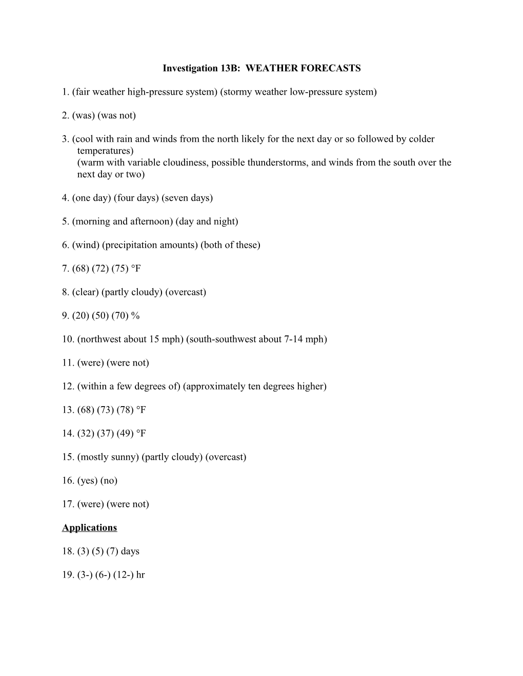 Investigation 13B: WEATHER FORECASTS