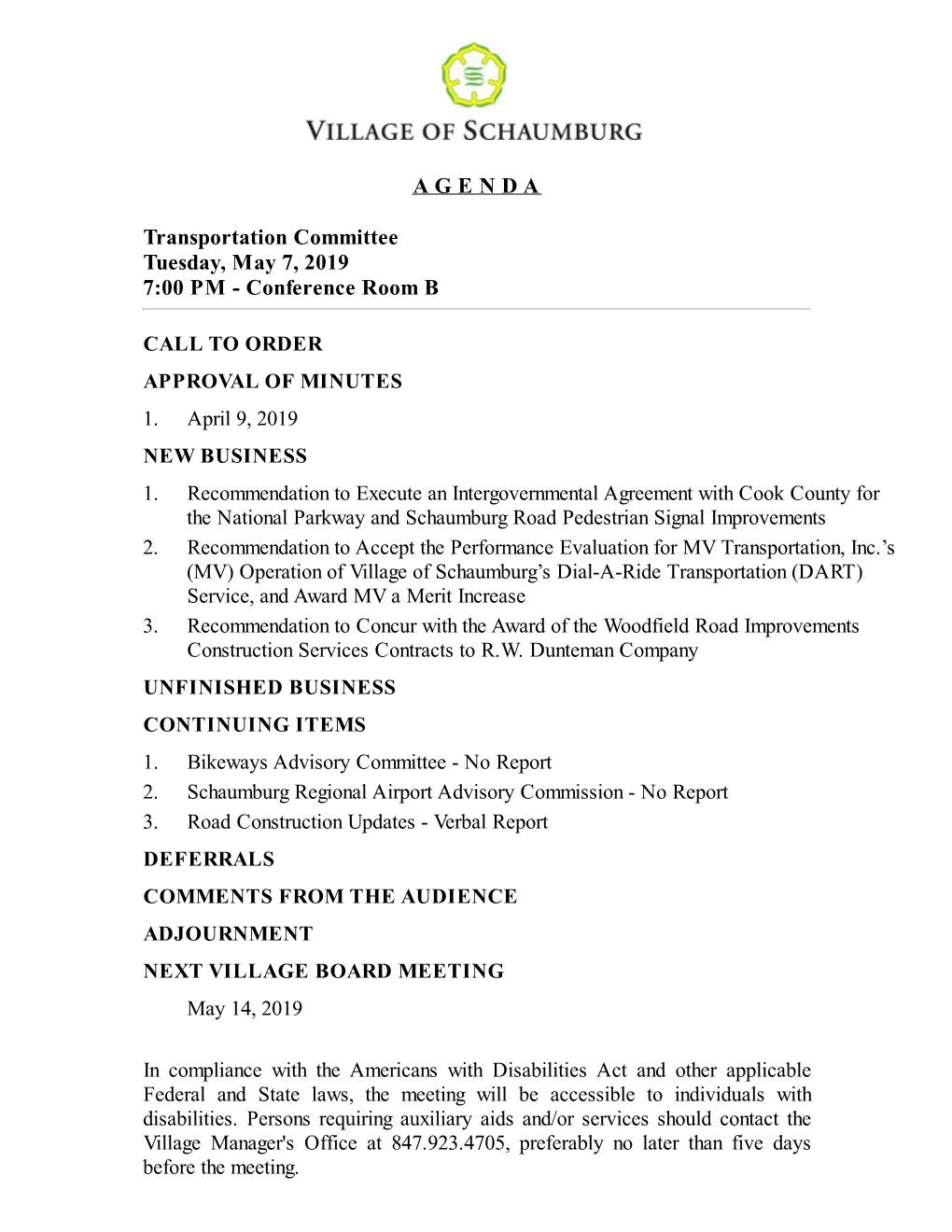 A G E N D a Transportation Committee Tuesday, May 7, 2019 7:00 PM