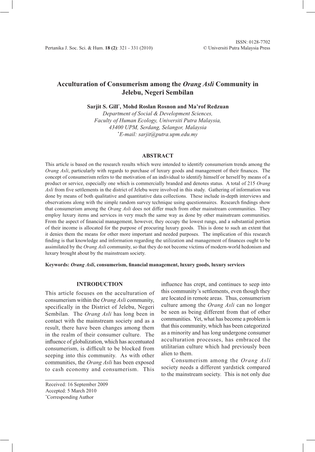 Acculturation of Consumerism Among the Orang Asli Community in Jelebu, Negeri Sembilan