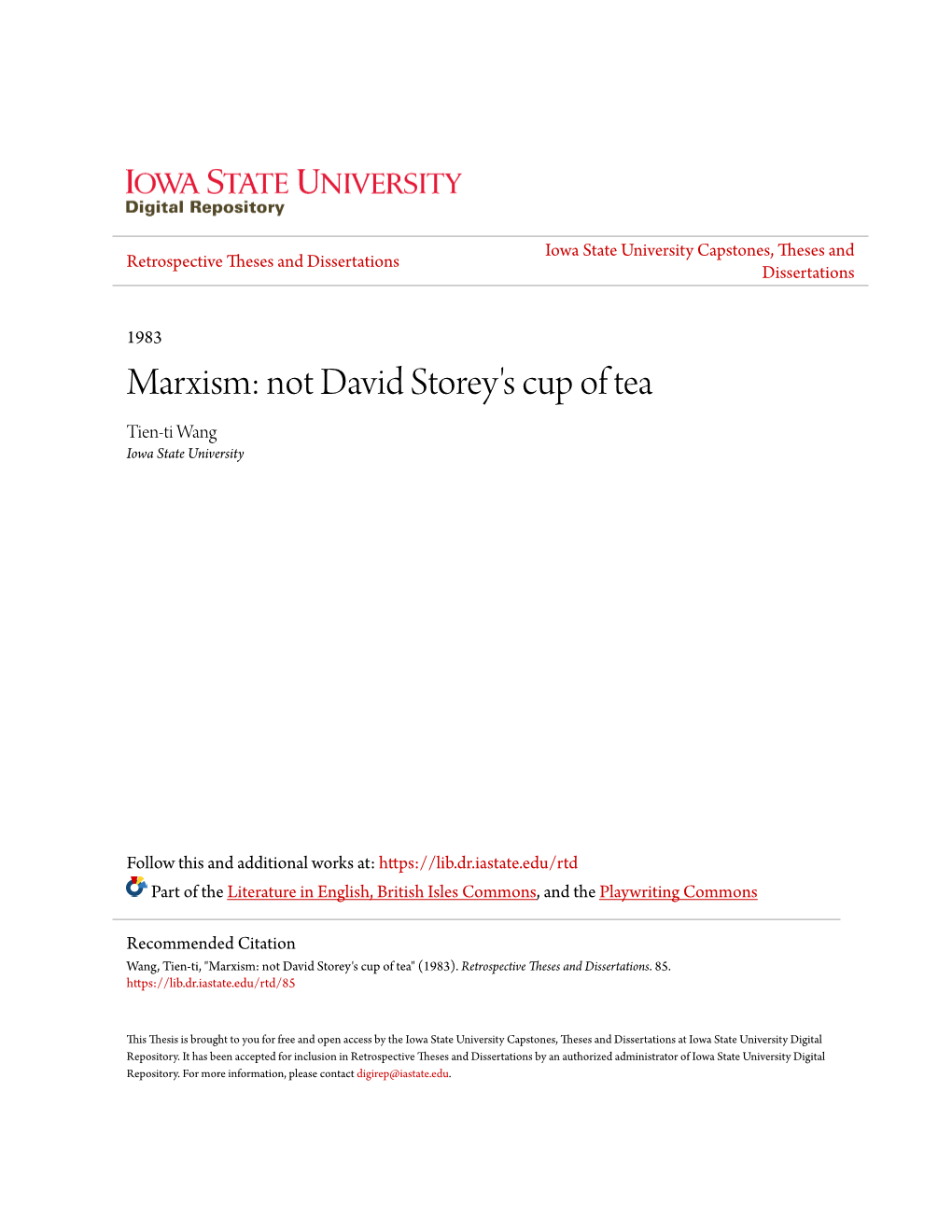 Marxism: Not David Storey's Cup of Tea Tien-Ti Wang Iowa State University