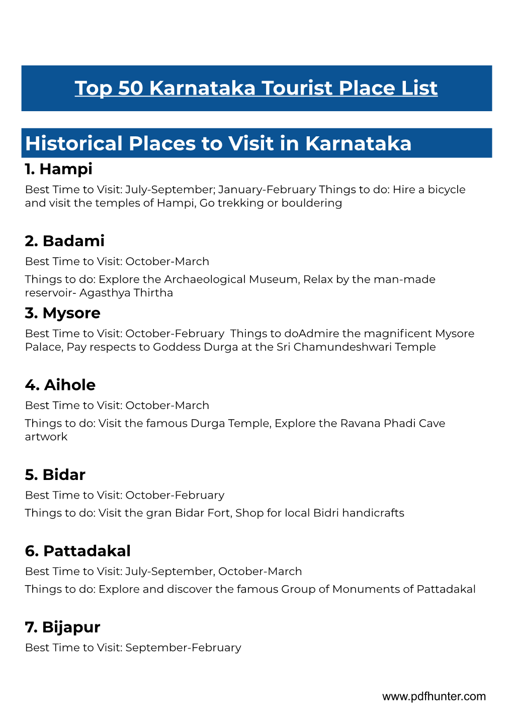 Top 50 Karnataka Tourist Place List Historical Places to Visit in Karnataka