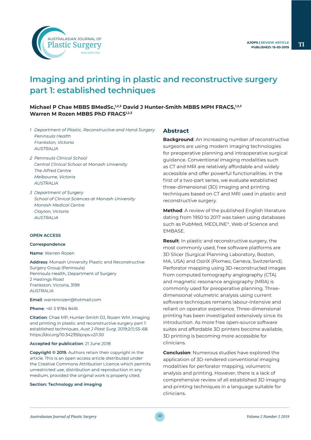 Imaging and Printing in Plastic and Reconstructive Surgery Part 1: Established Techniques